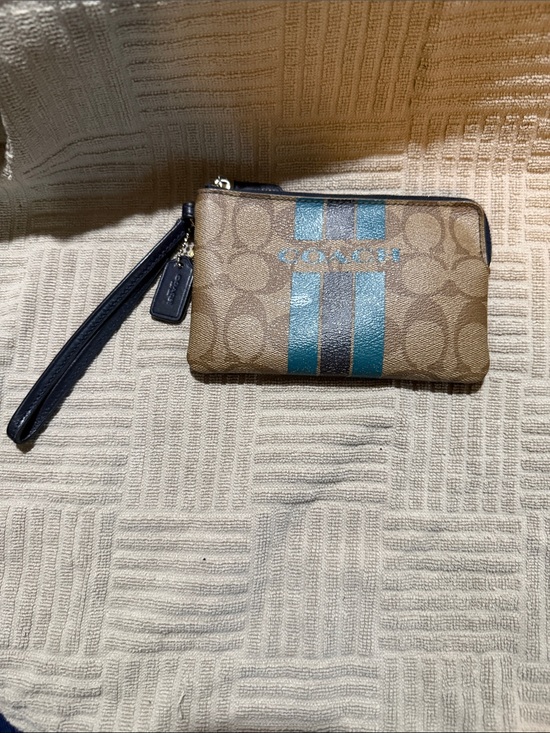 Coach Handbags - Coach Khaki Signature Wristlet with Teal and Navy Stripes